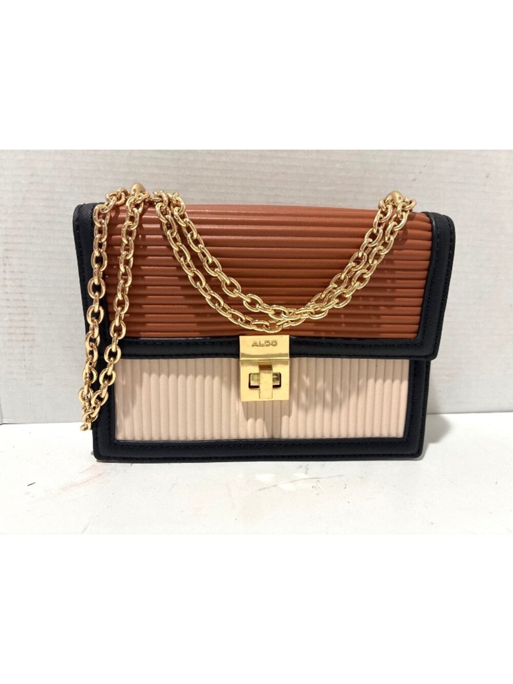 ALDO crossbody bag two-tone ribbed brown and cream with a gold-tone chain strap
